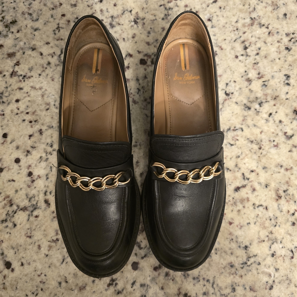 Sam Edelman Black Loafers with Gold Chain